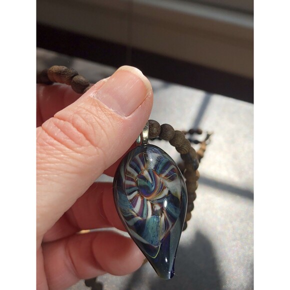 Handblown Glass Pendant On 20” Wooden Bead Necklace Boho Style Artisan Made 2008 - Picture 7 of 16